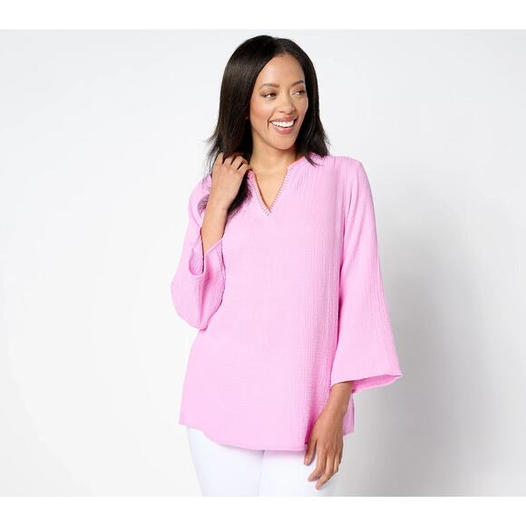 Belle by Kim Gravel Tops - Belle Beach by Kim Gravel Cotton Gauze Color Crush Whipstitch Top Plus Size 4X